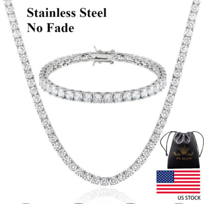 #ad 5mm Tennis Chain Iced CZ Necklace Bracelet Set Men Stainless Steel White Gold $29.50