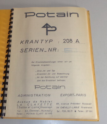 Parts Catalog / List of Spare Parts Potain 208 A Crane Stand 10/1968