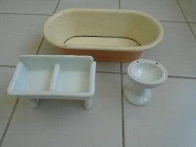 34790 Puppenstube Badewanne Blech Waschbecken Spüle Porzellan