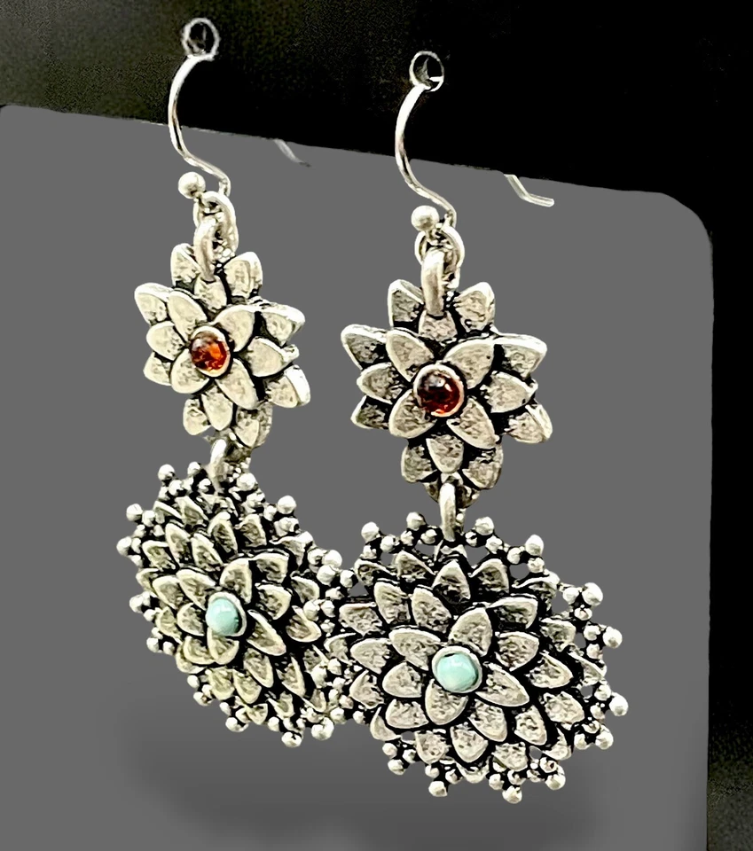 PENDIENTES COLGANTES DOBLE LOTO Boho Tono Plata Imitación Turquesa Ámbar🔥!OFERTA!🔥 Foto 2 de 4