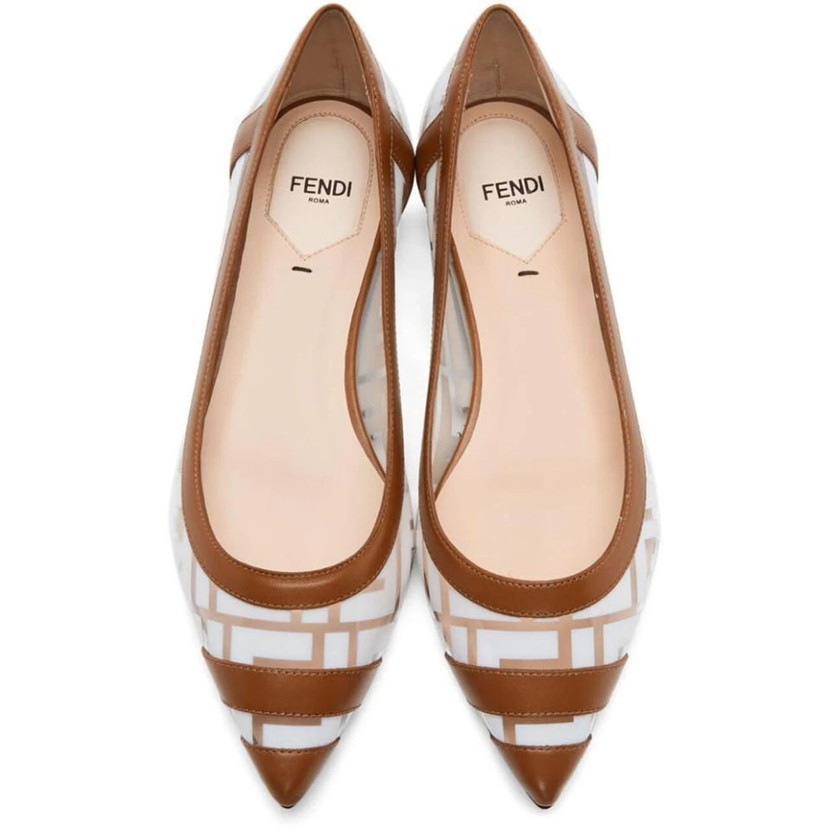 Fendi White PVC Colibri Brown Leather FF Logo Pointed Ballerina