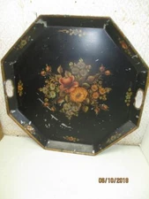 Floral Toleware Metal Handpainted Octogonal Serving Tray W/Handles 22-1/2" Wide
