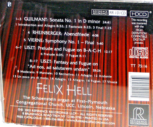 Reference Recordings CD RR-101: Felix Hell - Organ Sensation - 2003 USA SEALED - Foto 2 di 2