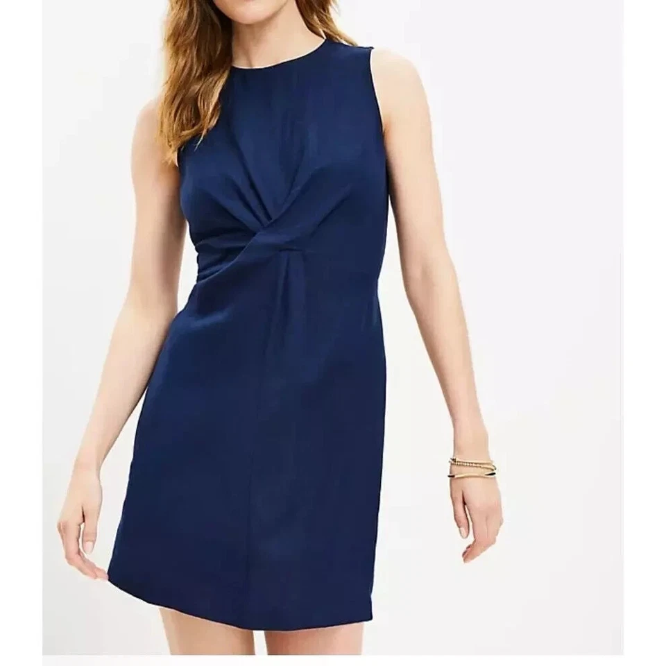 LOFT dress Women’s 14 Navy Blue Linen Blend Twist  sleeveless  lagenlook - Image 2 of 4