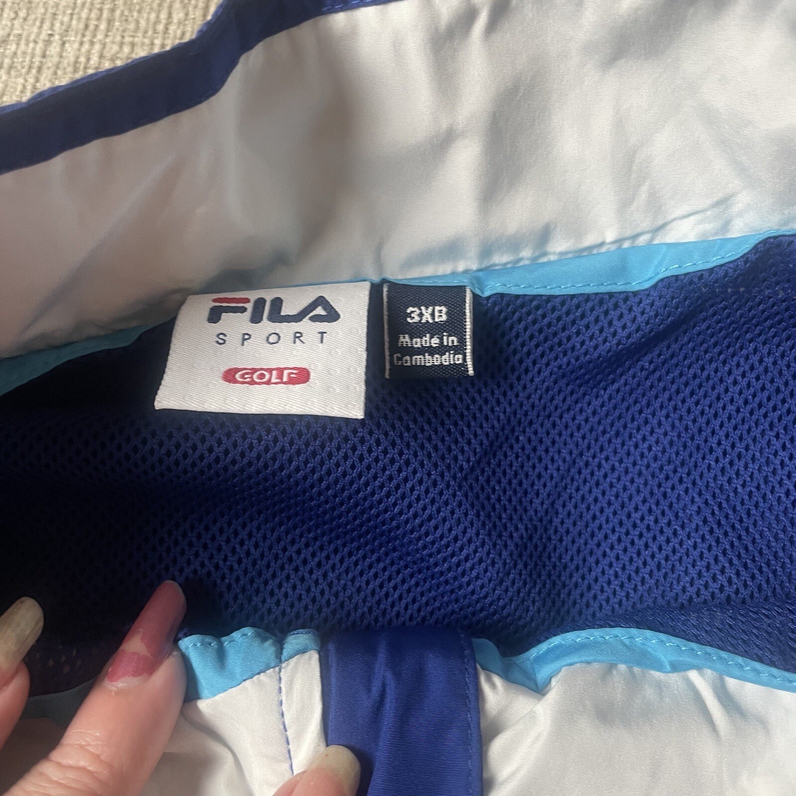FILA Sport taglia 3XL pullover giacca a vento zip parziale blu bianco azzurro chiaro