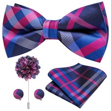 Pink Blue Bowtie for Men Paisley Floral Mens Pretied Bowtie and Lapel Pin Set...