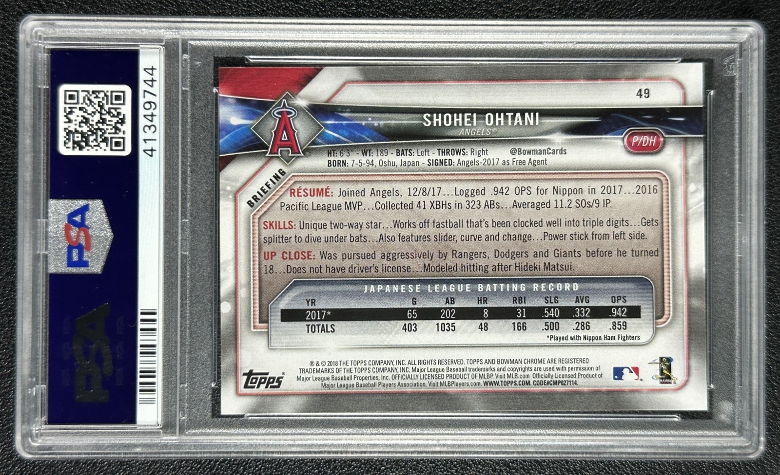 SHOHEI OHTANI PSA 10 2018 BOWMAN #49 ROOKIE RC ANGELS 9744 view 2