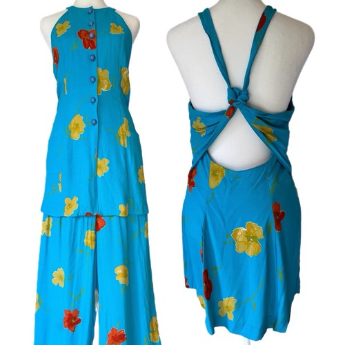 Vintage Two-Piece Set Blue Floral Top Tropical Travel Resort Beach Vacation 90s