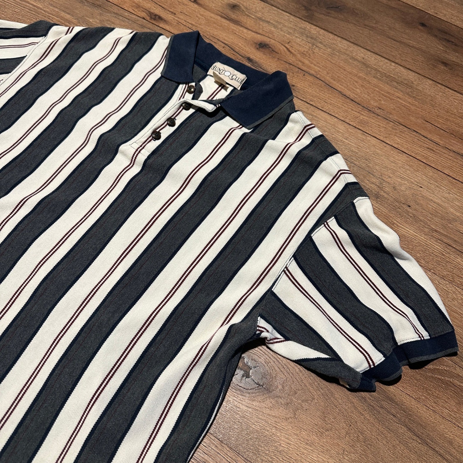 Vintage Hunt Club Navy Grey Striped Polo Shirt Mens Medium