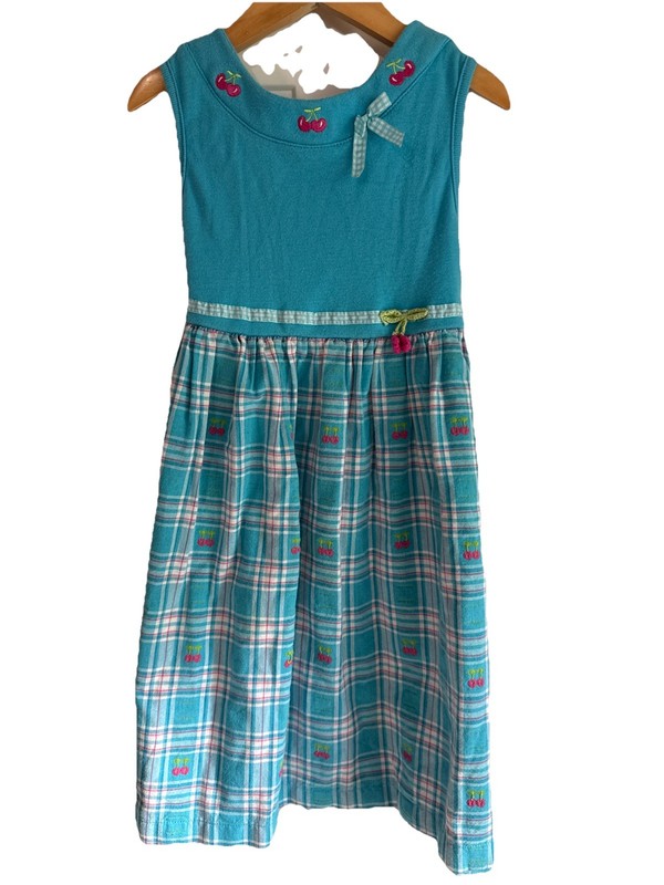 Blueberri Boulevard Toddler Dress  Blue Plaid Size 5 Cherry Bow Embroidered