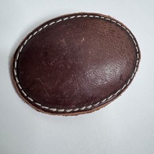 3.25" Dark Brown oval leather belt buckle contrast stitching western boho buckle