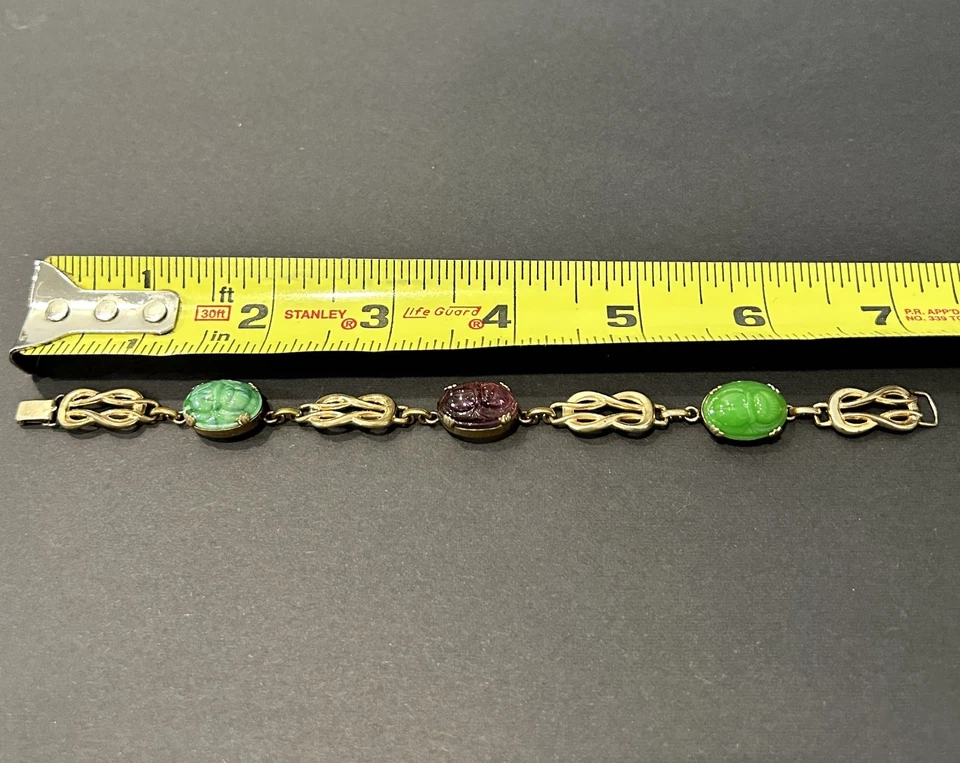 Vintage Mid-Century Gold Filled Scarab Bracelet with Rare Jadeite - Image 3 of 4