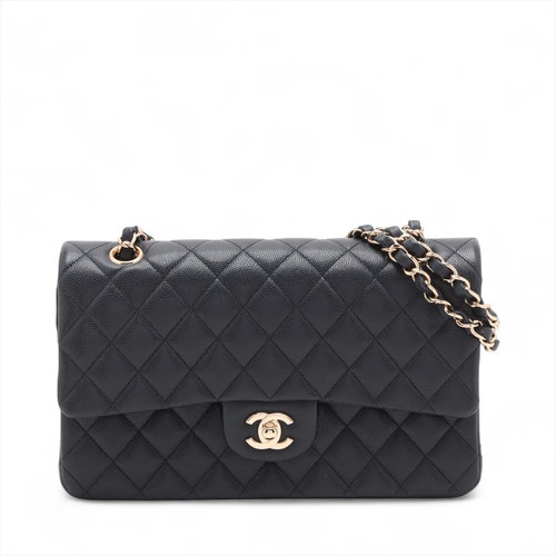 Chanel Matelasse 25 Caviar Skin Double Flap Double Chain Bag Navy Blue Silver Me