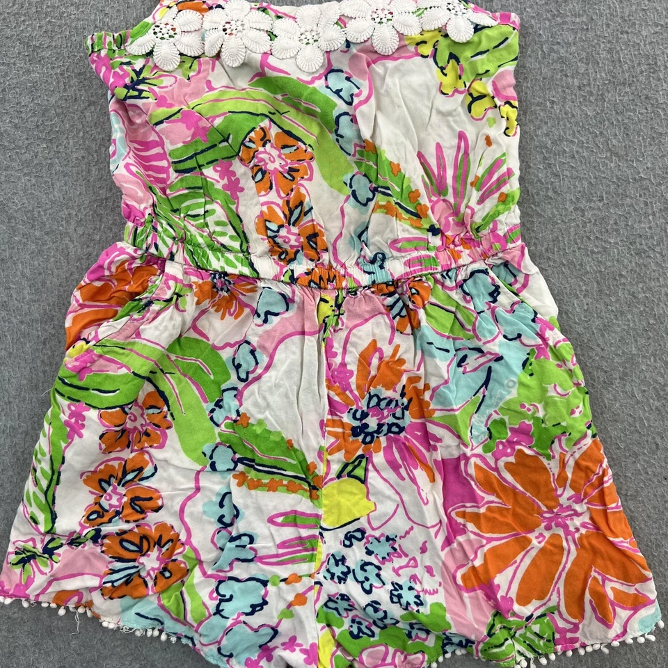 Mameluco Lilly Pulitzer Niñas 7/8 Rosa Verde Floral Pom Pom Ribete Margarita Crochet Foto 4 de 4