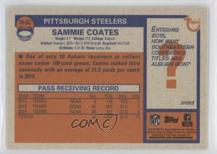2015 Topps Chrome 1976 Football Sammie Coates #76-SC Rookie RC - Image 2 of 2