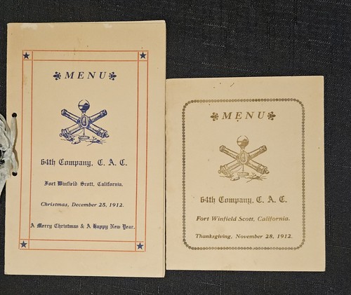 1912 Fort Winfield Scott, CA Christmas & Thanksgiving Menus 64th CAC Artillery