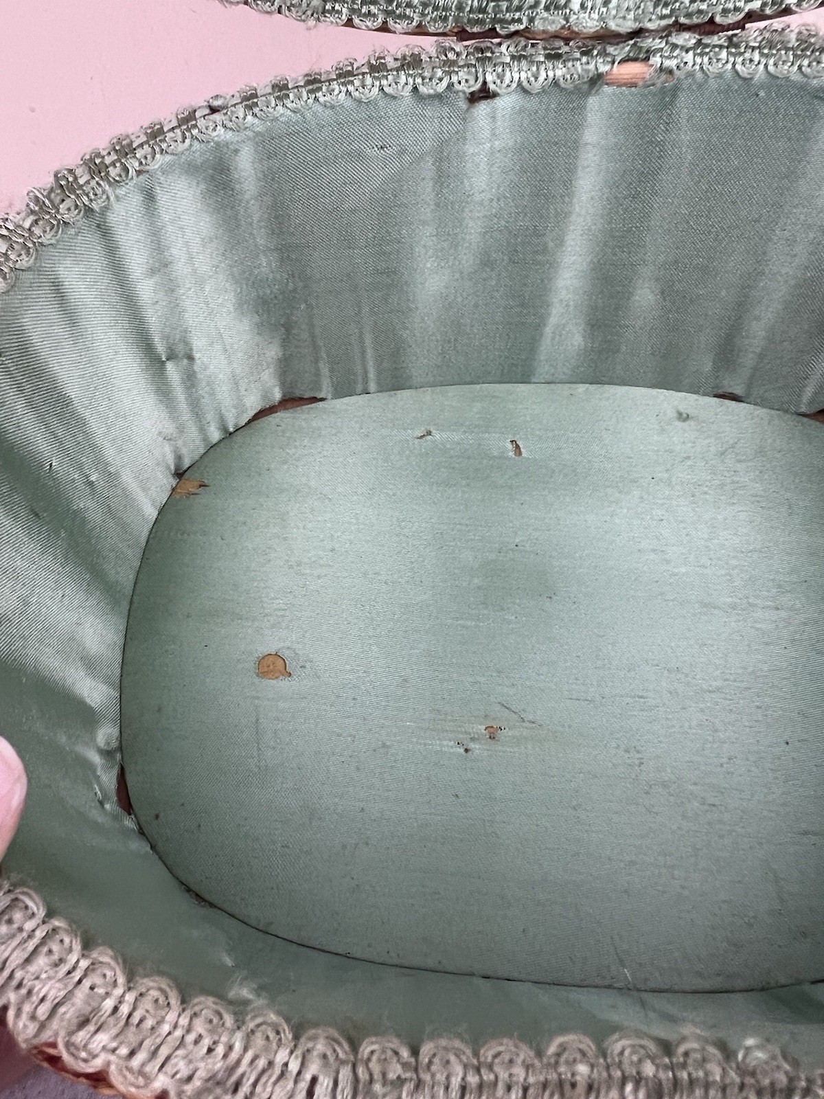 Vintage Sewing Basket Faux Ratan Wicker Sea Foam Green Satin Lining Japan 10.5”