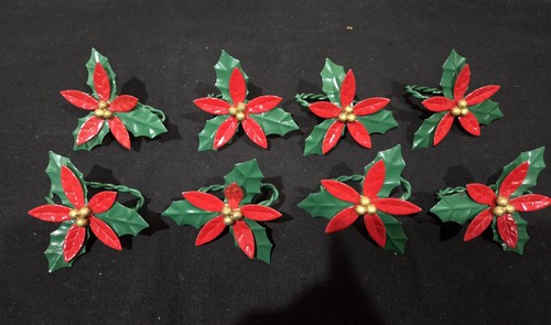 Vintage Christmas Poinsettia Metal Napkin Rings Set Of 8 Holders