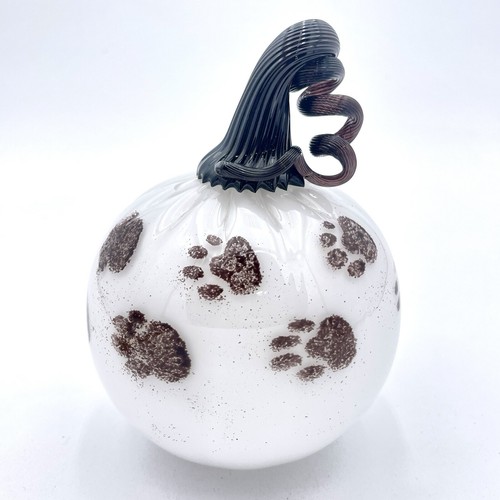 Art Glass Pumpkin White HandBlown Paw Print Halloween Decoration Fall Autumn - Picture 4 of 9