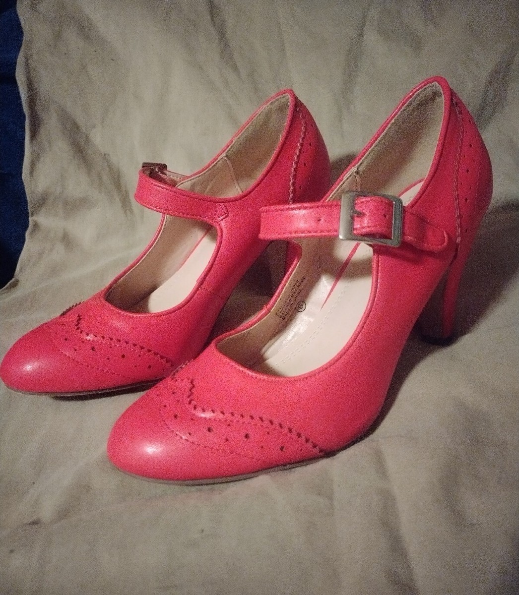 Red Adams Mary Jane Oxford Pumps Sz Low Kitten Heels Retro