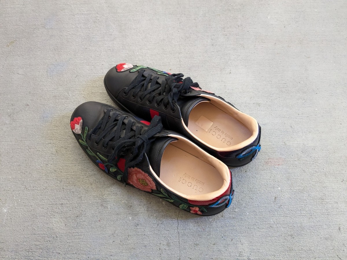 Gucci Ace Sneakers Black Men 8.5 Leather Flower Embroidered