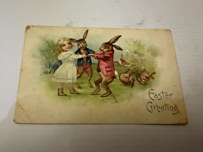 1909 Easter Greetings German Embossed Postcard Girl Dancing With Bunny Rabbits