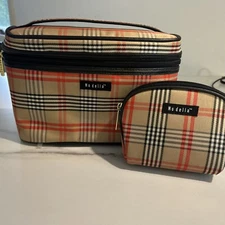 Modella 2 Pc Cosmetic Tote Carry-All Toiletry Plaid Make-up Bag