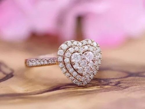 2.50Ct Round Cut Real Moissanite 14k Rose Gold Plated Heart Cluster Wedding Ring - Picture 3 of 7
