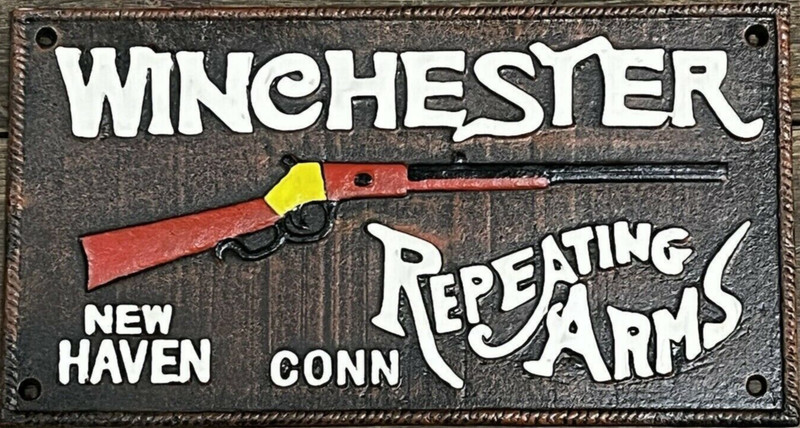 WINCHESTER Repeating Firearms, New Haven, Conn, Cast Iron Sign, 6.5” x 12.25”