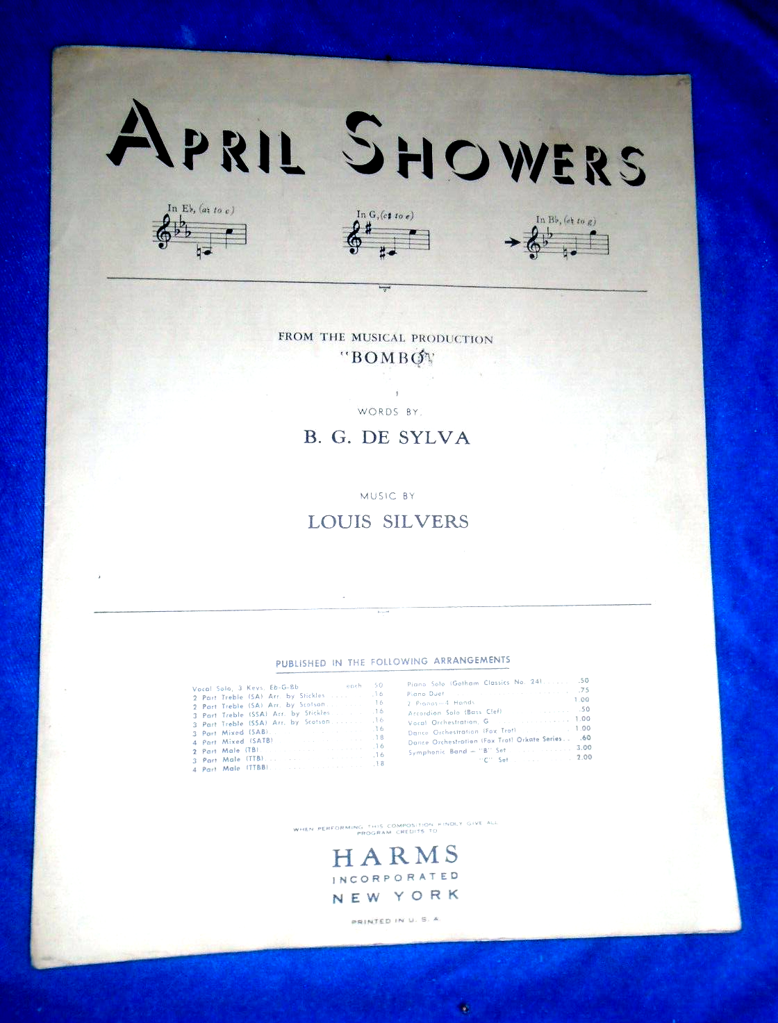 1951 Sheet Music April Showers GOOD by B.G. De Sylva and Louis Silvers