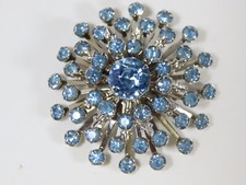 VTG Blue Rhinestone Brooch Starburst Layered Silver Tone Gorgeous Prong D1516