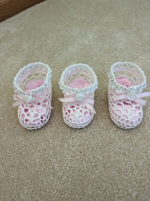 Vintage set of three adorable crocheted baby bootie decorations
