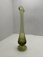 Vintage Fenton Avocado Green Hobnail Swung Glass Bud Vase 10 1/2”