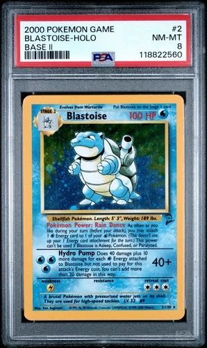 2000 POKEMON GAME BASE II #2 BLASTOISE-HOLO BASE II PSA 8 NM MT