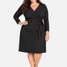 Talbots Woman Dress Black Faux Wrap Plus Size 2X Long Sleeve V-Neck Midi Stretch