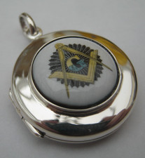 A Solid Silver & Enamel Albert Pocket Watch Chain Fob Locket Masonic Compass