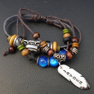 Jayden Personalized Boho Bracelet Leather Stack Hippie Indie Name Blue Beads