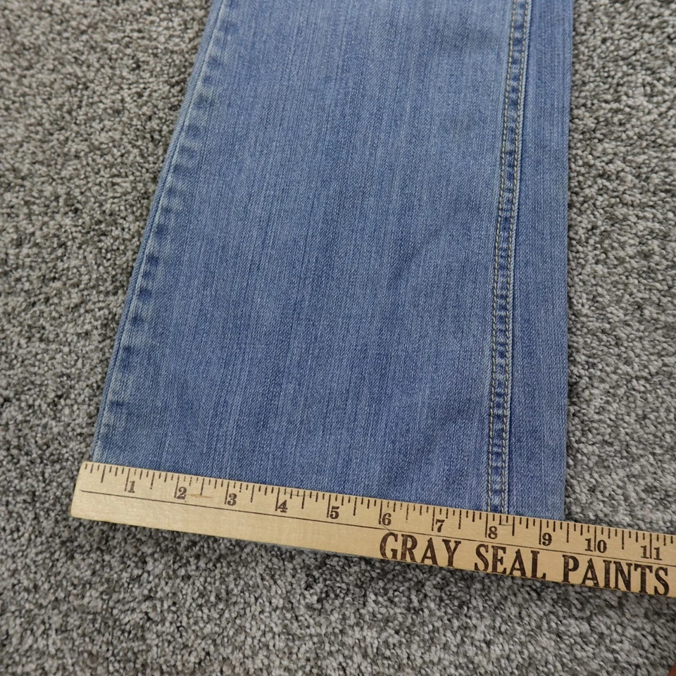 Pantalones de mezclilla Amethyst para mujer 9 azul oscuro tiro bajo acampanado bota solapa bolsillo desvanecido Y2K Foto 3 de 4