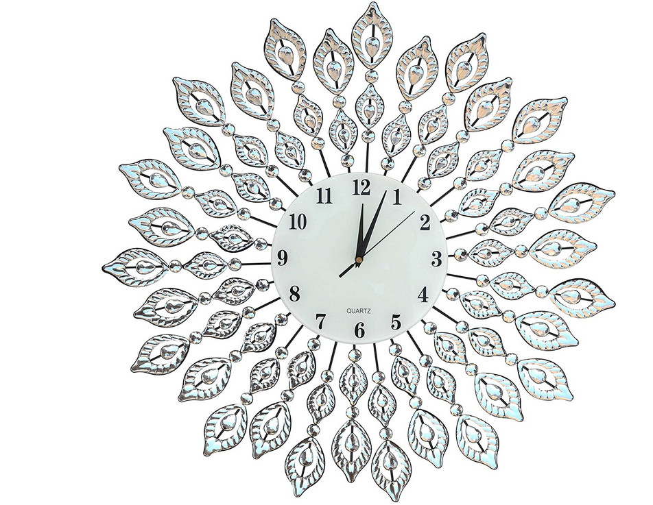LuLu Decor 25” Crystal Leaf Metal Wall Clock 9” White Glass Dial Arabic Numberal
