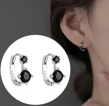 925 Sterling Silver Tiny Black Cz Huggie Hoop Earrings 10mm/0.4" Women Girl PE29