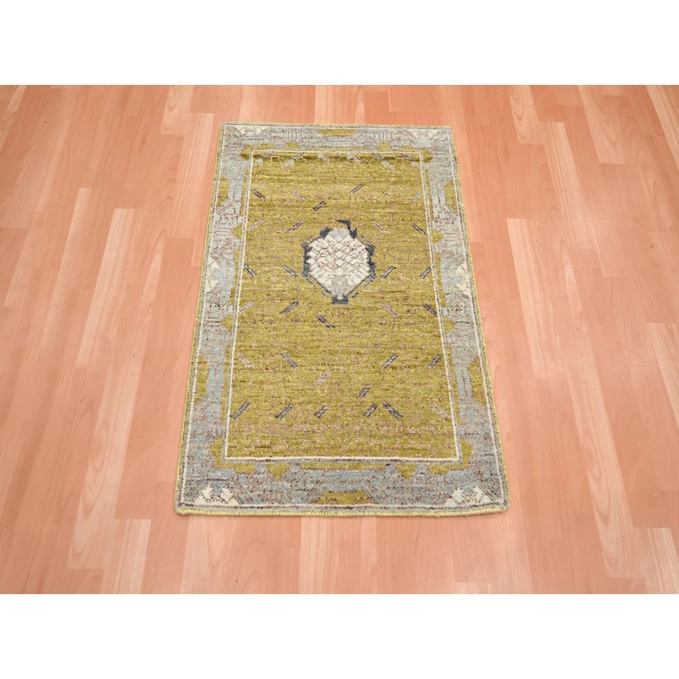 2'1"x3'2" Golden Yellow Pinecone Design 100% Wool Hand Knotted Rug R75694 - Image 2 of 4