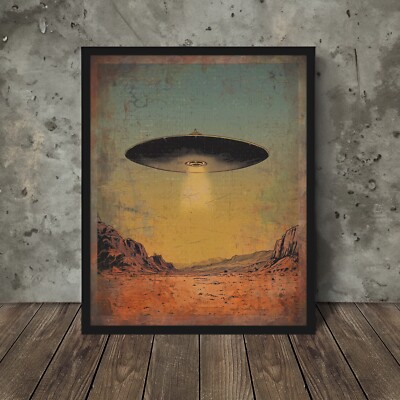 UFO WESTERN DESERT Wall Art, Retro Sci-fi Alien UAP Poster, Cryptid Canyon Decor