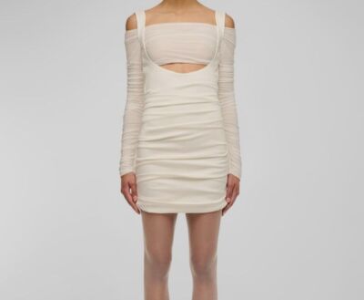 dresses for formal cruise night Long Sleeved Mini Dress With Contrasting Floral Embroidery