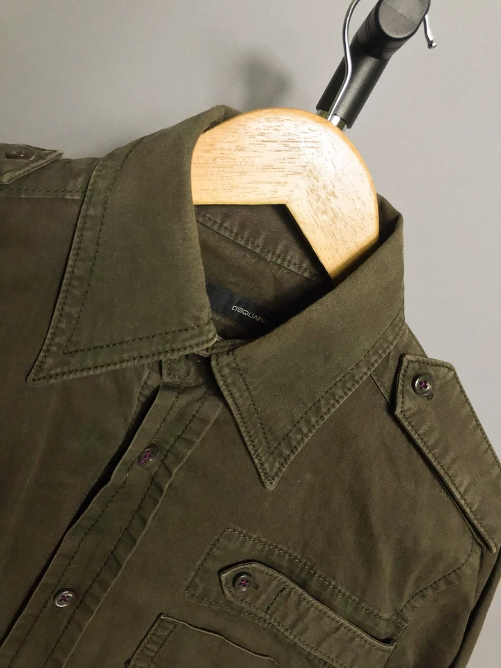 DSQUARED2 vintage mens shirt button khaki green cotton long sleeve slim sz 48 - Image 4 of 4