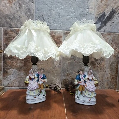 Vintage Pair Porcelain Victorian Colonial Couple Figurine Lamps Kitschy Ruffled - Image 1 of 4