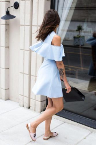 zara skater dress ZARA Women's Sky Blue Cold Shoulder Ruffle Skater Dress S NWT 4437/074