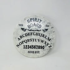 Ouija Cheese Board White Marble Black Lettering Round Charcuterie Serving Tray