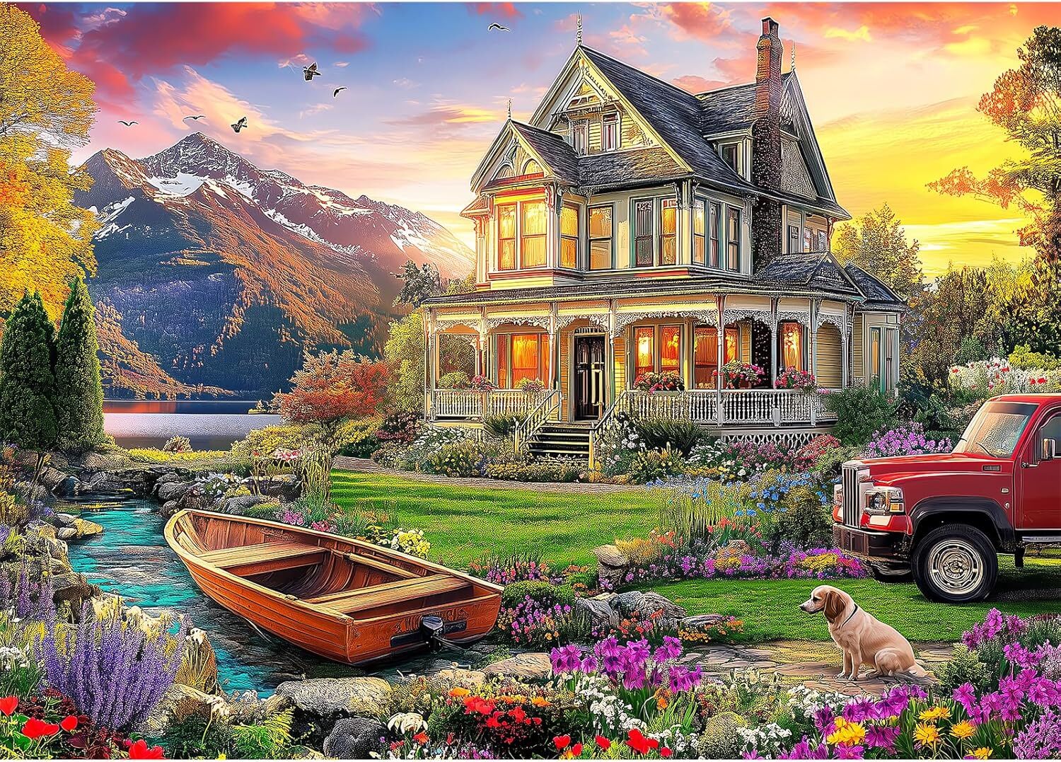 1000 Piece Puzzles for Adults, Autumn Landscape Jigsaw Puzzle, Villa and Dog Jig