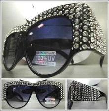 OVERSIZED VINTAGE RETRO Style SUN GLASSES Black Frame Bling Crystals Custom Made