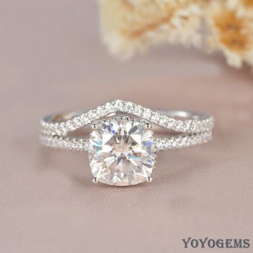 Solid 14k White Gold Moissanite Bridal Set Engagement Ring 2.50 CT Cushion Cut - Picture 1 of 11